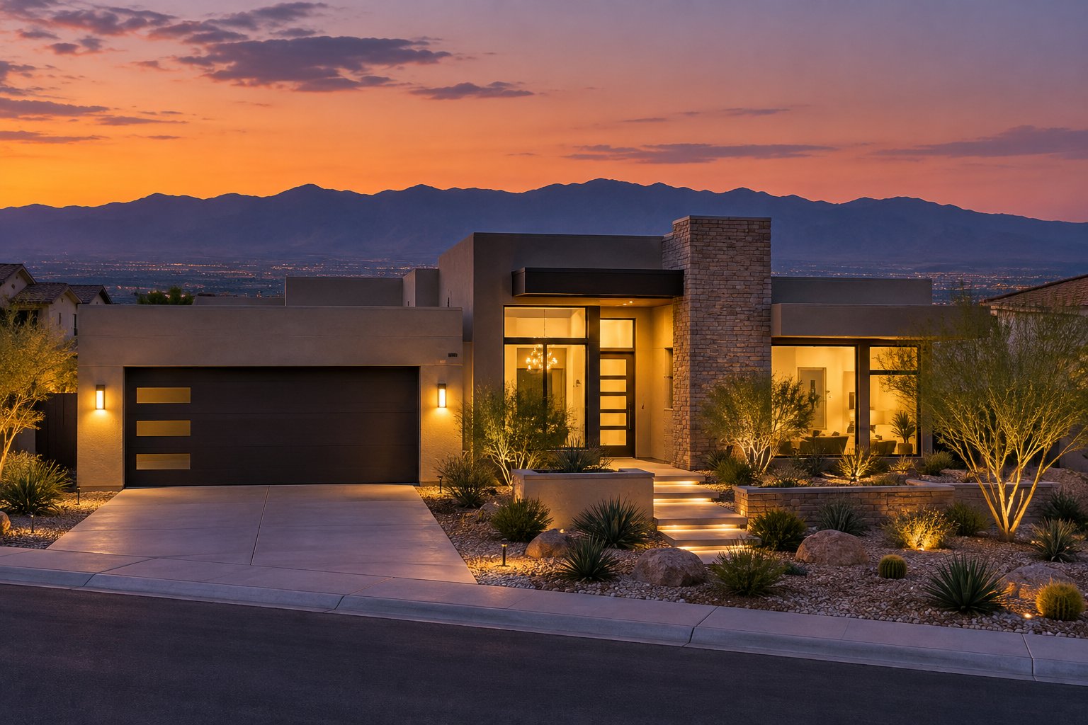 A Las Vegas home exterior at dusk, illustrative