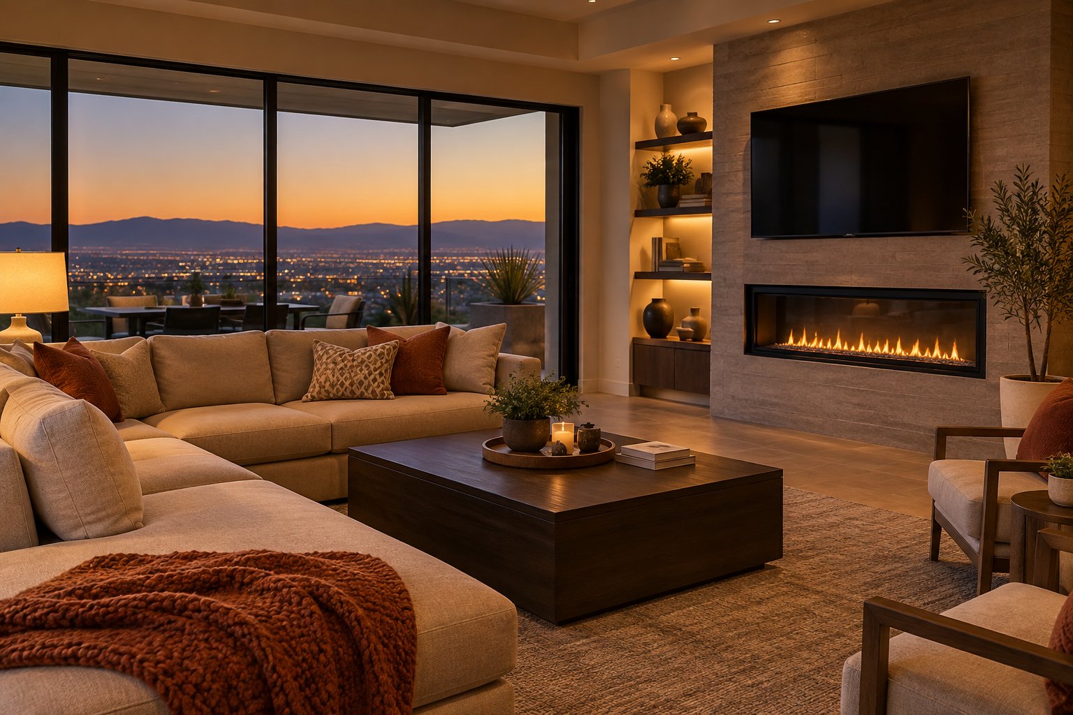 A warm modern Las Vegas living room, illustrative